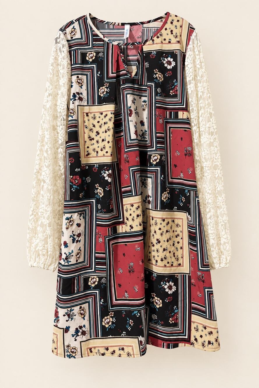 Paisley Grace L Patchwork Scarf Print Lace Sleeve Boho Shift Dress Made USA